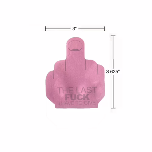 Express your playful frustration with this cheeky sticky note. Pink sticky note shaped like a middle finger with text 'THE LAST FUCK I HAVE TO GIVE'