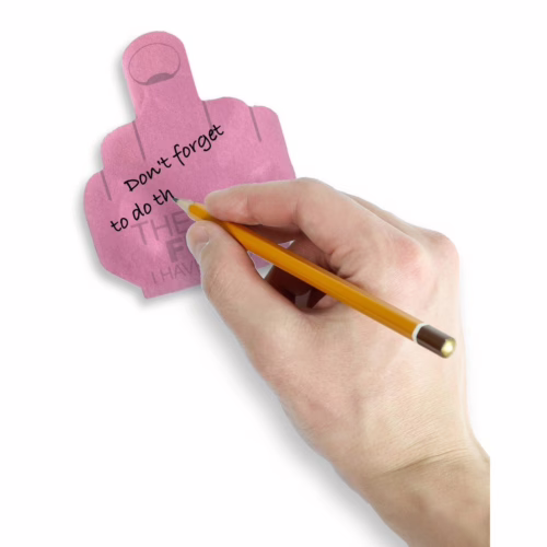 Add a touch of humor to your reminders with this unique sticky note design. A hand writes on a pink sticky note shaped like a hand