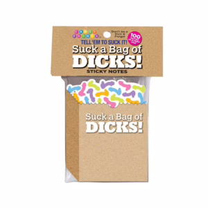 Add a touch of humor to your reminders with these cheeky sticky notes. Sticky notes with colorful designs and the text 'Suck a Bag of DICKS!'