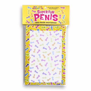 The Super Fun Penis Notepad adds a humorous touch to your note-taking! Colorful penis-shaped notepad, featuring a white page with playful illustrations