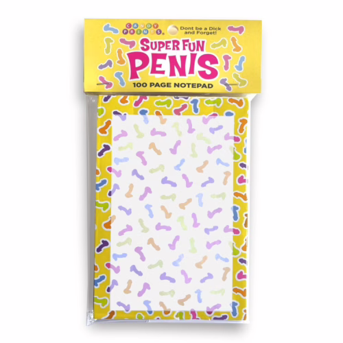 The Super Fun Penis Notepad adds a humorous touch to your note-taking! Colorful penis-shaped notepad, featuring a white page with playful illustrations