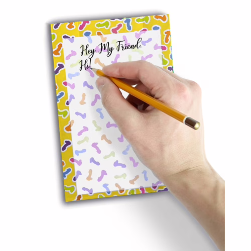 Add a touch of humor to your notes with the Little Genie Super Fun Penis Notepad. Hand writing on a colorful penis-themed notepad