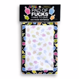 Express yourself with this fun notepad, available at The Loving Company. Notepad titled 'Pad of Fucks I Have to Give' with colorful hand graphics