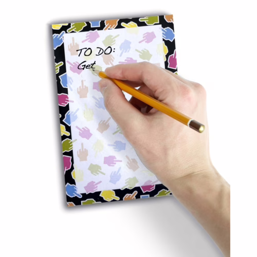 Stay organized with this fun notepad that's perfect for your to-do lists. A hand holding a pencil writes on a notepad titled 'TO DO:' with colorful hand graphics