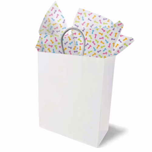 Add a playful touch to your gifts with this fun penis-themed tissue paper. Colorful penis-themed tissue paper in a white gift bag