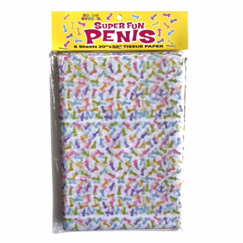 Add some humor to your next celebration with this fun penis tissue paper! Colorful penis-patterned tissue paper, 6 sheets of 20"x30"