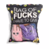 A clear bag with plush hand toys inside, labeled 'Bag of Fucks I Have to Give'