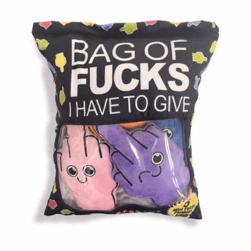A clear bag with plush hand toys inside, labeled 'Bag of Fucks I Have to Give'
