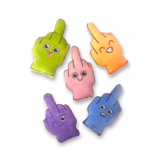 Five colorful plush hand pillows showing playful gestures