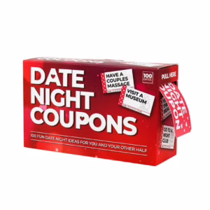 Explore 100 creative date night ideas with these fun coupons! Red box labeled 'Date Night Coupons' with text options for activities, available at The Loving Company.