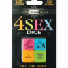 Spice up your date night with the playful '4 Sex Dice' game for lovers. Colorful '4 Sex Dice' game packaging featuring prompts