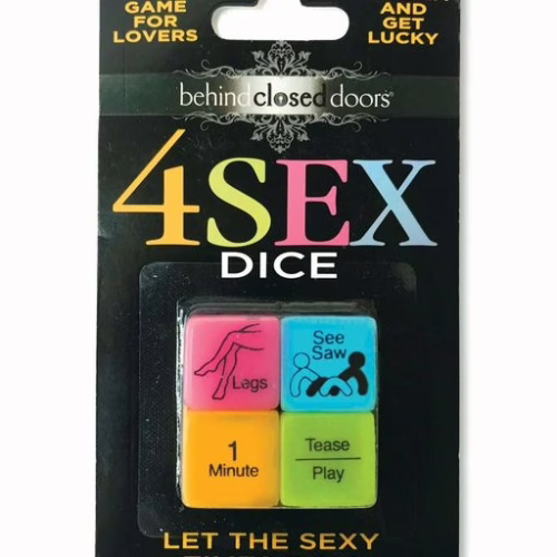 Spice up your date night with the playful '4 Sex Dice' game for lovers. Colorful '4 Sex Dice' game packaging featuring prompts