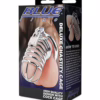 Discover the Blue Line Deluxe Chastity Cock Cage, perfect for those seeking control and comfort. Blue Line Deluxe Chastity Cock Cage packaging, showcasing a metallic design