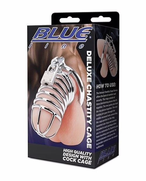 Discover the Blue Line Deluxe Chastity Cock Cage, perfect for those seeking control and comfort. Blue Line Deluxe Chastity Cock Cage packaging, showcasing a metallic design