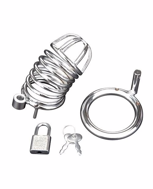 Explore the innovative design of the Blue Line Deluxe Chastity Cock Cage for secure and comfortable wear. Blue Line Deluxe Chastity Cock Cage, including a spiral cage, securing ring, padlock, and keys, available at The Loving Co...