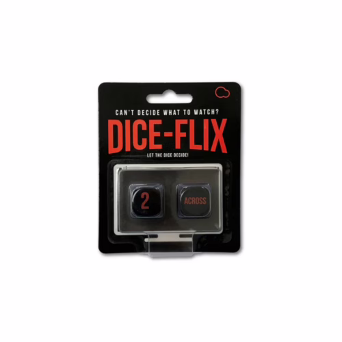 Let the dice decide what to watch with Dice-Flix, available now! Dice-Flix game, featuring two dice with '2' and 'ACROSS' on a black card