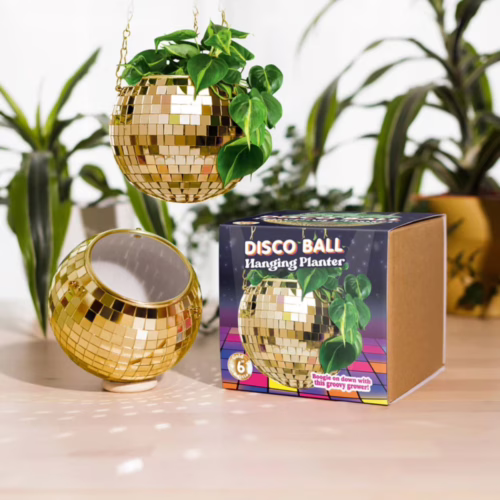 Add a touch of fun to your space with this unique gold disco ball hanging planter. Gold disco ball hanging planter with plant, alongside its colorful packaging