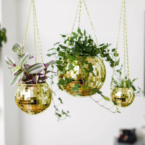 Brighten your home with these fun disco ball hanging planters. Three gold disco ball hanging planters with green plants