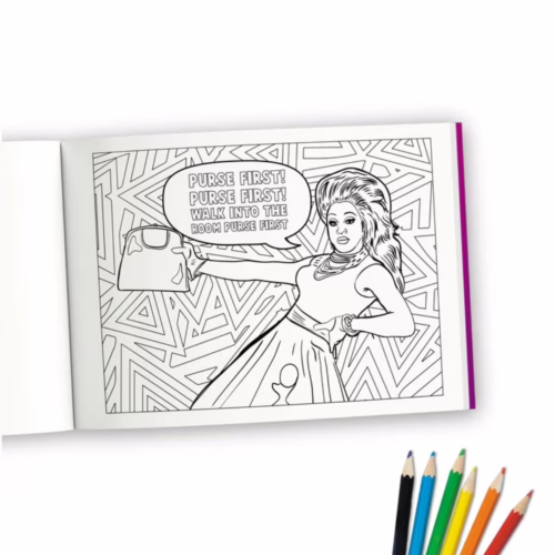 Unleash your creativity with this fun drag queen coloring page! Coloring page from 'Bubblegum Stuff Drag Queen Coloring Book', showing a figure with a pu
