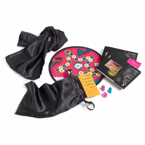 Tease & Please Discover Your Lover Travel Edition game set with dice, scarves, and cards