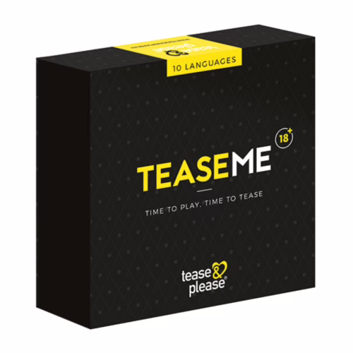 Unleash your playful side with the Tease & Please Tease Me set, perfect for adult game nights. Tease & Please Tease Me game box, with playful text and vibrant colors