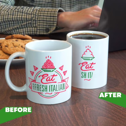 Enjoy a laugh with this playful heat-changing mug, perfect for your coffee or tea! Heat change mug with 'Eat Fresh Italian' and 'Eat SH IT!' designs
