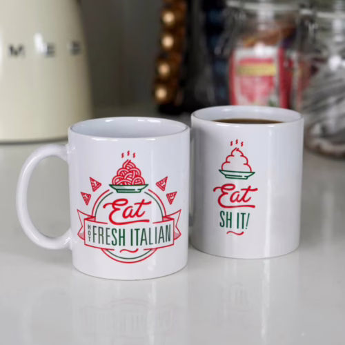 Add a dash of humor to your mornings with this unique heat change mug. Bubblegum Stuff Rude Heat Change Mug showing 'Eat Fresh Italian' and 'Eat SH IT!'