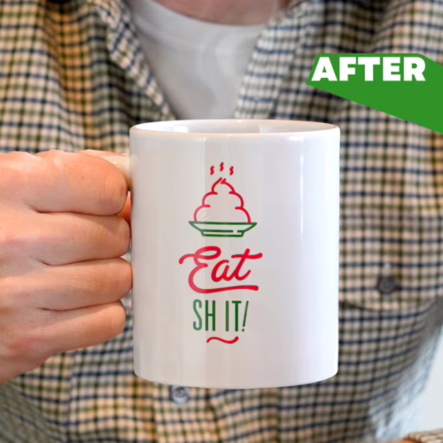 Brighten your day with this cheeky heat change mug from Bubblegum Stuff. Heat change mug with 'Eat SH IT!' design