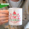 Enjoy your drinks in style with this fun heat change mug! A person holding a white mug with 'Eat Fresh Italian' design