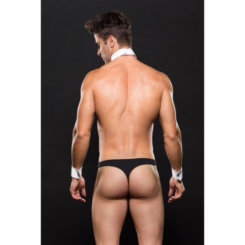 Model wearing Envy Tuxedo with cuffs and collar, showcasing black thong