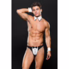Envy tuxedo with white collar and cuffs, black thong