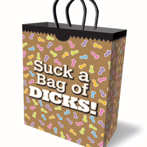 Add a touch of humor to your gift-giving with this playful bag! Gift bag with colorful penis designs and the text 'Suck a Bag of DICKS!'