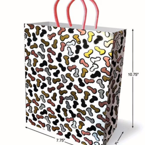 Add a cheeky touch to your gifts with this fun penis-patterned bag, available at The Loving Company. Little Genie Glitterati Penis Gift Bag with colorful penis patterns