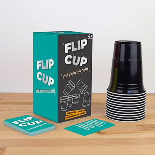 Get ready for a fun night with the Flip Cup Game, now available at The Loving Company! Flip Cup Game box with black and white cups