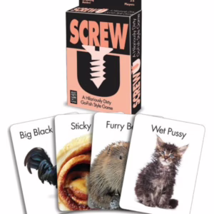 Get ready for a night of laughter with the 'Little Genie Screw You Party Card Game'! Game box of 'Little Genie Screw You Party Card Game' with cards labeled 'Big Black', 'Sticky', 'Furry Buddy', and 'Wet Pus...