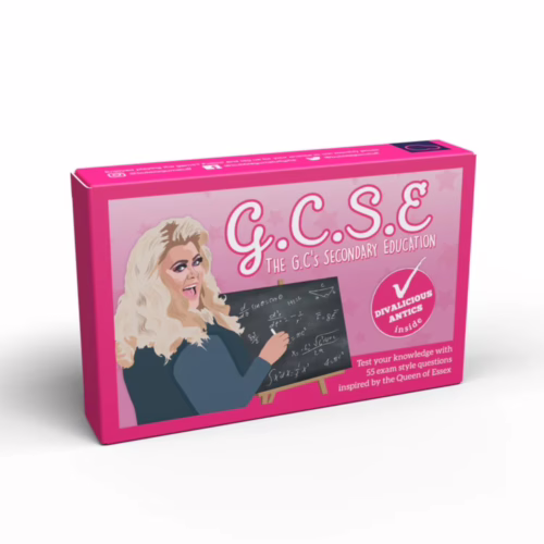 Test your knowledge with the G.C.S.E quiz game, perfect for fans of Essex culture. G.C.S.E quiz game box with a cartoon character and chalkboard equations
