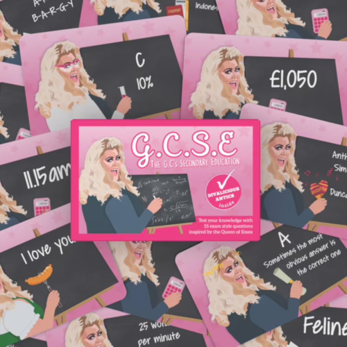 Test your knowledge with this entertaining quiz game inspired by the Queen of Essex! Colorful quiz game 'G.C.S.E - The GC's Quiz Game', featuring humorous exam-style cards