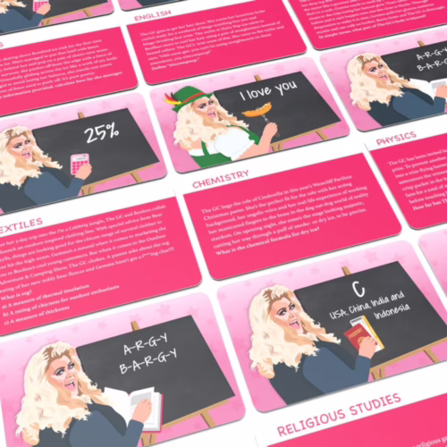 Explore the fun of learning with 'Bubblegum Stuff G.C.S.E - The GC's Quiz Game'. Colorful quiz game cards with humorous educational themes