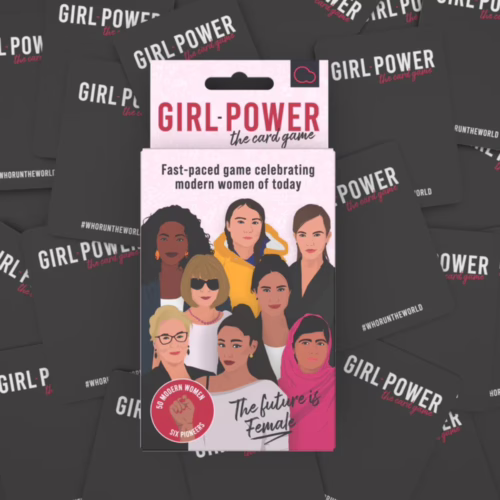 The 'Girl Power Card Game' packaging featuring diverse women illustrations