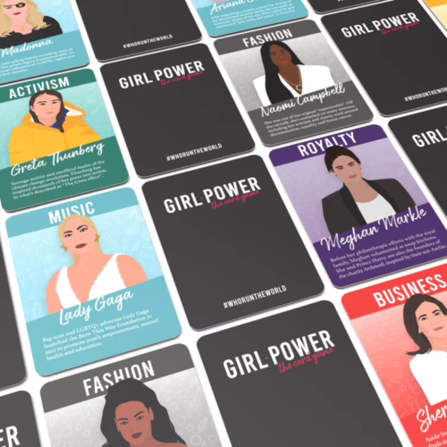 Illustrated cards from the Girl Power Card Game featuring Greta Thunberg, Lady Gaga, and others, available at The Loving C...