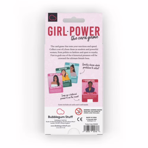 Back of the 'Girl Power' card game showing game instructions, cards of female figures, and text. Available at The Loving C...