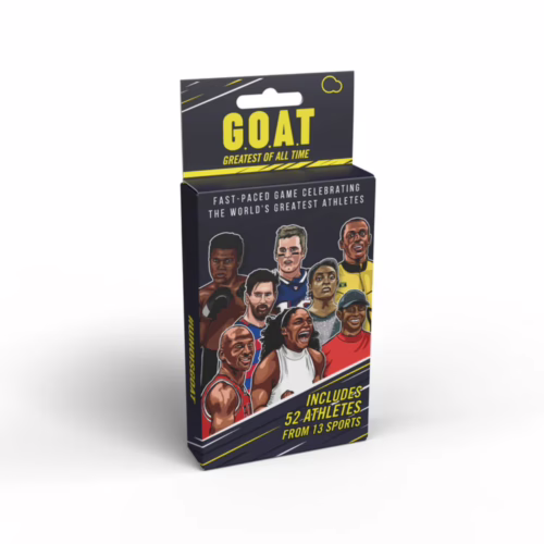 The Goat Card Game celebrates the world's greatest athletes in a fun and engaging format. Goat Card Game box featuring illustrations of athletes