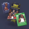 Celebrate the greatest athletes with the Goat Card Game, available now! Bubblegum Stuff Goat Card Game featuring cards of Michael Jordan and Serena Williams