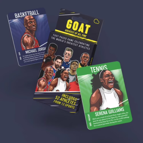 Celebrate the greatest athletes with the Goat Card Game, available now! Bubblegum Stuff Goat Card Game featuring cards of Michael Jordan and Serena Williams