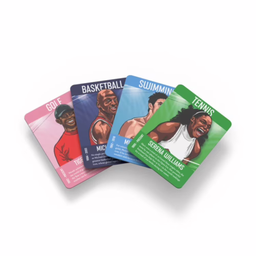 Explore the exciting world of sports with these illustrated athlete cards. Sport-themed cards showcasing Tiger Woods, Michael Jordan, and Serena Williams