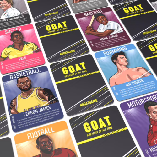Explore the legendary athletes in the Goat Card Game, available at The Loving Company. Bubblegum Stuff Goat Card Game featuring athlete cards