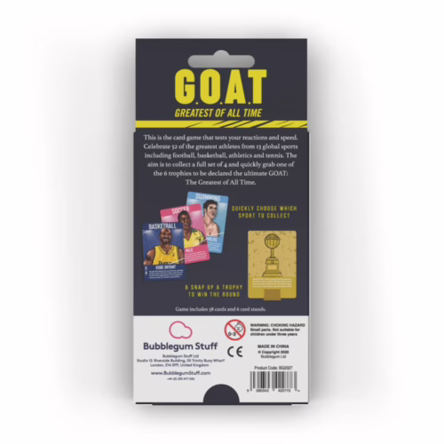 Experience the excitement of the Goat Card Game by Bubblegum Stuff, testing your reactions with iconic athletes. Goat Card Game packaging, featuring athletes and trophies