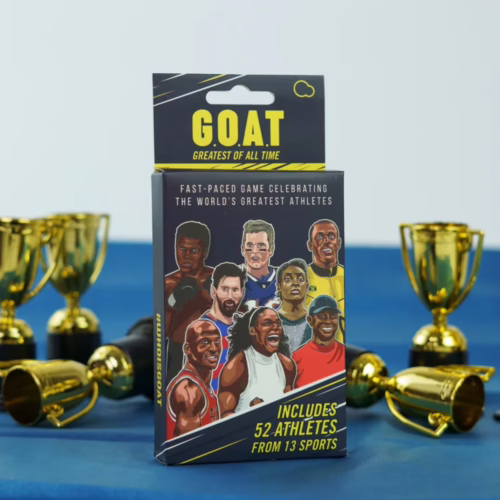 Experience the thrill of sports with the GOAT Card Game, now available! GOAT Card Game box with illustrations of athletes, gold trophies in background