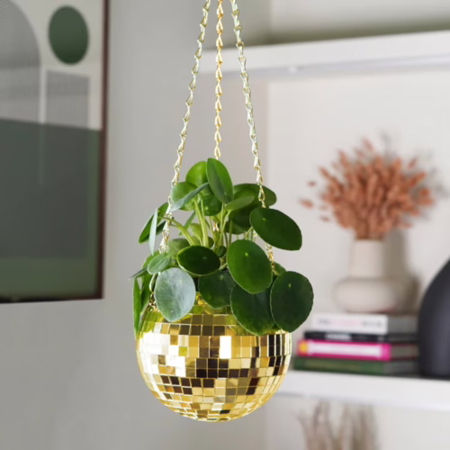 Brighten your space with this playful gold disco ball hanging planter. Gold disco ball hanging planter with green leaves