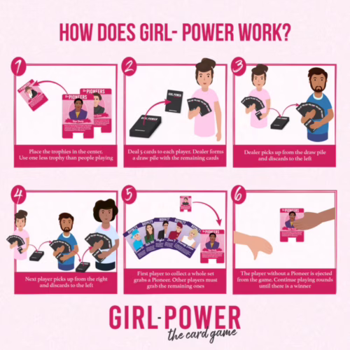 Instructional graphic for the Girl Power card game, showing game setup and rules